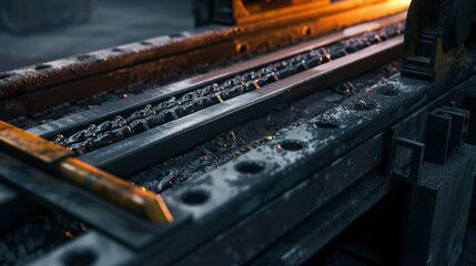 This image showcases a detailed view of industrial machinery in use, highlighting metal surfaces, intricate mechanical components, and potential manufacturing processes.