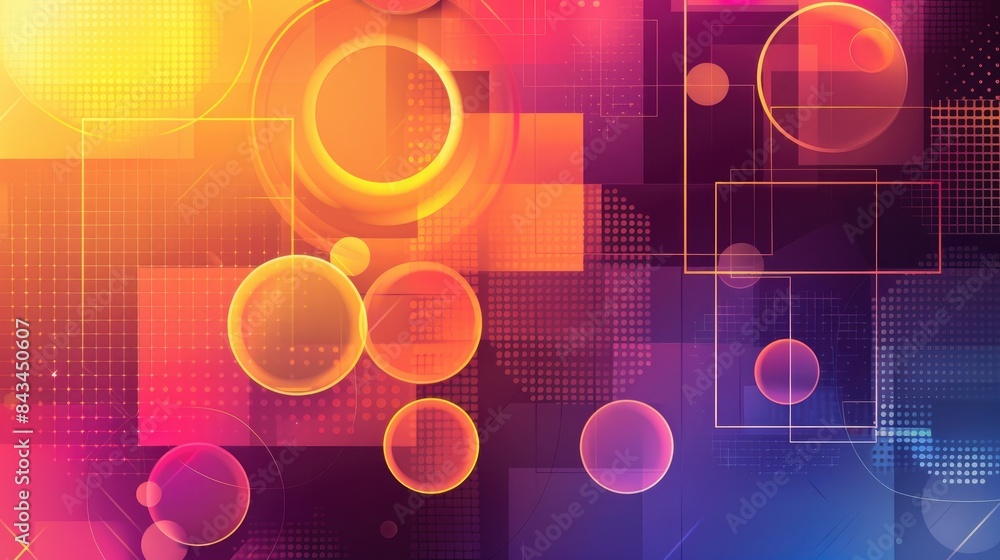 Poster dynamic gradient geometric background with circles and squares, providing a central area for adding 
