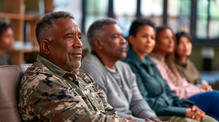 Fototapeta premium a of a diverse group of veterans participating in a culturally specific group therapy session, led by a therapist who speaks their native language, Culturally Respon