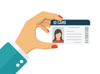 Hand holding driver license icon in flat style. Identification document vector illustration on isolated background. Profile card sign business concept.