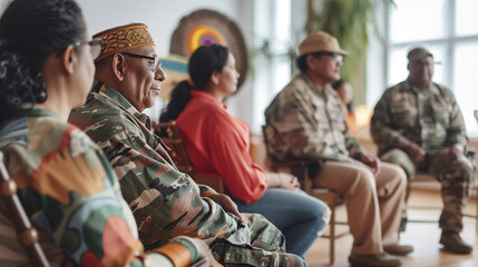 Fototapeta premium a of veterans engaged in a traditional cultural activity, such as a dance or music workshop, facilitated by a cultural expert, Culturally Responsive Supports, cultur