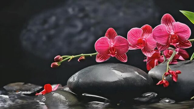 red Orchids and spa stones balance on calm water, claming spa videos, calming ambient videos, relaxing videos, seamless looping 4k videos, youtube, stock videos, asmr videos, calming nature videos	
