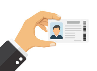 Hand holding driver license icon in flat style. Identification document vector illustration on isolated background. Profile card sign business concept.