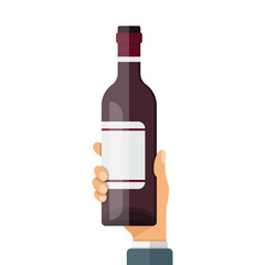 Hand holding wine bottle icon in flat style. Alcohol drink vector illustration on isolated background. Champagne beverage sign business concept.