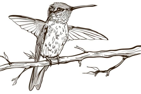 hummingbird perched on branch, black and white clip art preview