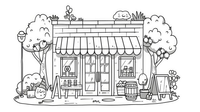 recommend clip art: Line drawing of a charming storefront quaint store with detailed features, ready to color, ideal for a children's coloring book page