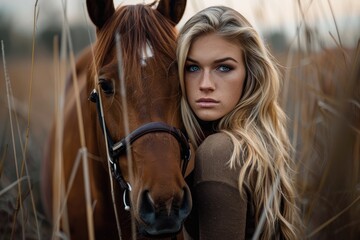 Fototapeta premium A serene woman with long blonde hair is closely posing with a brown horse