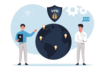 Vpn technology system. Characters connect to secure VPN points. VPN connection concept. Internet connection flat illustration vector.