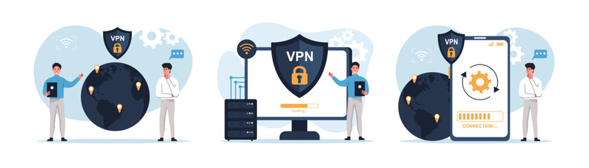 Vpn technology system. Characters connect to secure VPN points. VPN connection concept. Internet connection flat illustration vector.