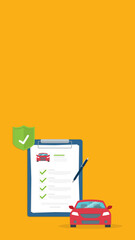 Car insurance document, report. Paper agreement checklist or loan checkmarks form list approved with automobile icon, vehicle financial, car dealership legal deal.	