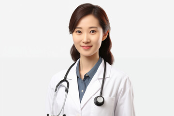 Fototapeta premium Smiling asian woman doctor on white background. Woman doctor. World of Medicine. Personal care profession. Medical studies. European doctor. Asia. Asian doctor. China. Japan. AI.