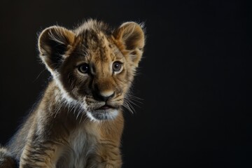  photo of a baby lion, dark background