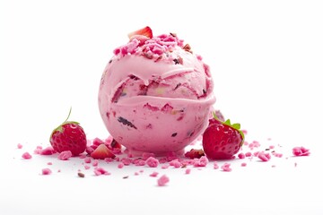 Pink strawberry ice cream scoop with toppings on white background - Powered by Adobe