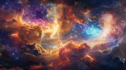Fototapeta premium Fantasy-inspired landscape with swirling cosmic colors, perfect for dreamy designs, with room for text on the left side