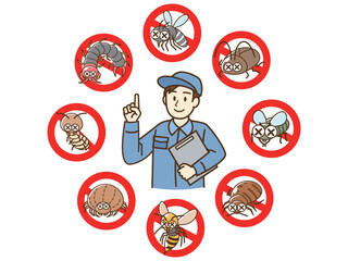 害虫駆除業者の男性と禁止マークの害虫セット