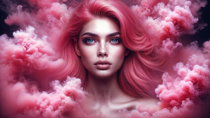 Pink-Haired Woman Surrounded by Dreamy Pink Smoke