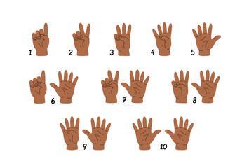 Counting with fingers. Hand gesturing, arm showing one, two, three, four and five numbers, digits. Countdown, score, elementary math learning. Flat vector illustration isolated on white background