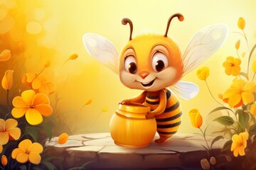 A bee with a barrel of honey, cartoon illustration. May 20, World bee day.