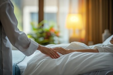 Old woman patient lies in bed, a young nurse carefully holds her hand. Cozy nursing home room with soft lighting. Concept: calmness, hospital room, attentiveness, palliative care, hospice. 