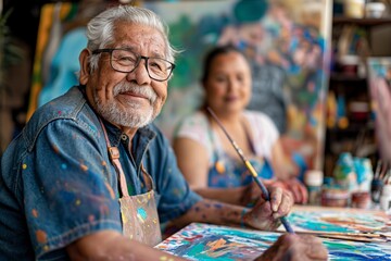 Hispanic smiling elderly man painting under the guidance of therapist. Art studio with bright paints and brushes.  Concept: creativity, joy, hobby, healthcare. 