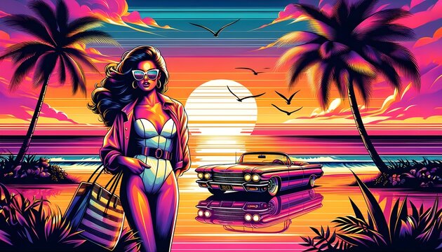 Retro Sunset with Classic Car and Fashion Model, Vintage Beach Scene with Elegant Woman and Old-fashioned Automobile, Illustrations for card, poster, banner, flyer, brochure or background. T-shirt.