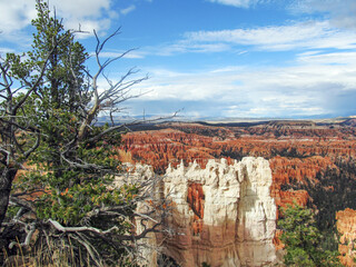 A lightcolored limestone arch, illuminated by the afternoon sun, against the hoodoo filled...