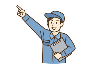 作業服を着た男性(指をさす)