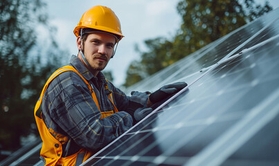 Fototapeta na wymiar Installing solar photovoltaic panel system. Solar panel technician installing solar panels on roof. Alternative energy ecological concept. Green energy concept.Place for text.Copy space.
