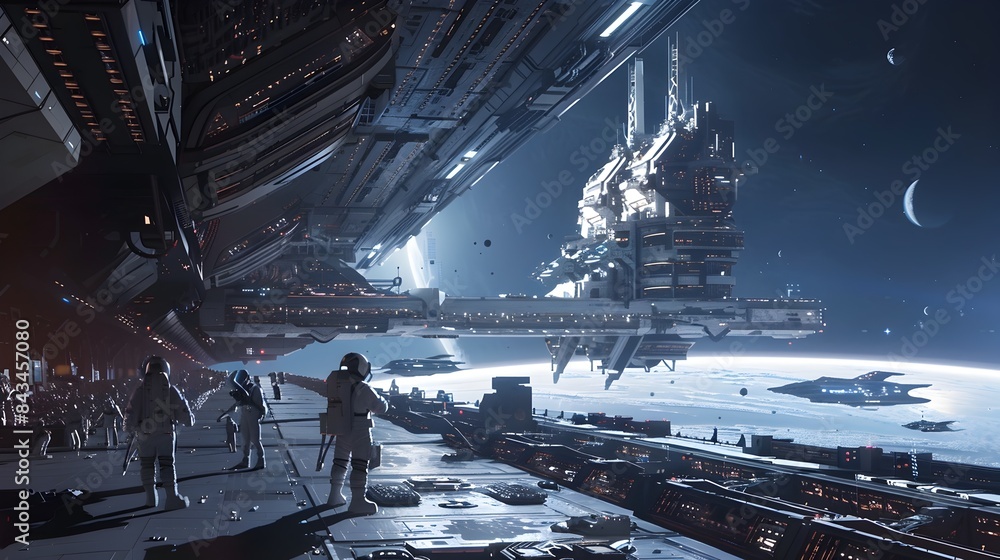 Poster futuristic space station orbiting distant planet with astronauts performing tasks