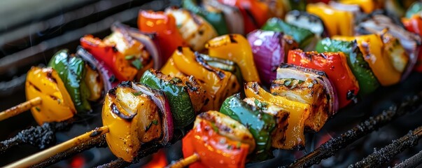 Veggie Kebabs Skewers of grilled vegetables like bell peppers, onions, and zucchini