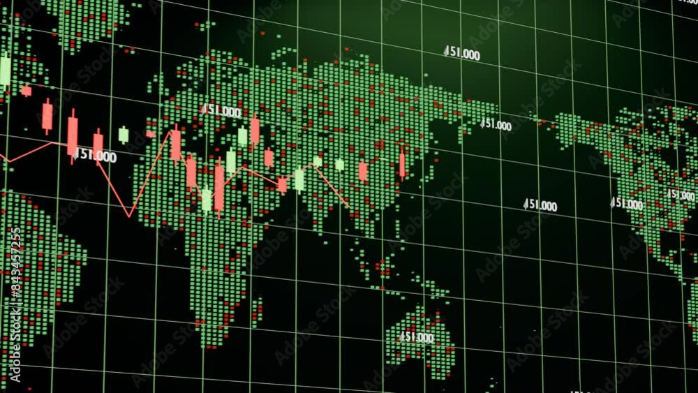 Fototapete Global Financial Data Visualization: Digital World Map with Trading Chart