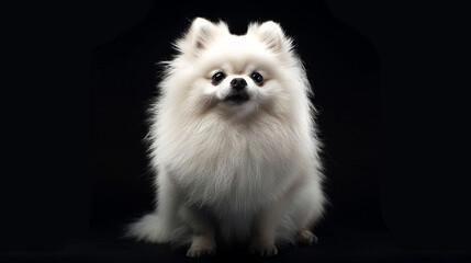 Obraz premium Cinematic shot of adorable, perfect, shiny, combed, fluffy white Spitz, happy, excited Pomeranian Spitz on black background