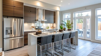 Sleek and Sophisticated Modern Kitchen with Stainless Steel Appliances and Island Counter
