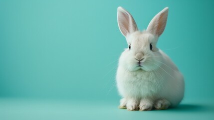 Obraz premium A fluffy white rabbit sitting on a solid green background with space above for text
