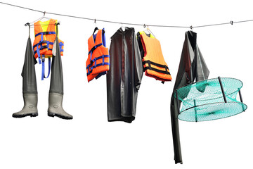 Fisherman clothing, footwear and equipment on white background.