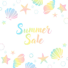 vector background with colorful seashells and starfish for banners, cards, flyers, social media wallpapers, etc.