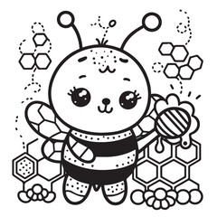 cute bumble bee line illustrations with honeycomb
