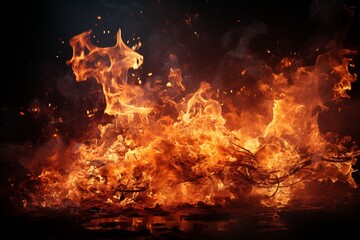 Vivid flames engulfing wood.