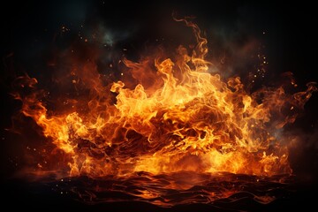 Vivid flames engulfing wood.