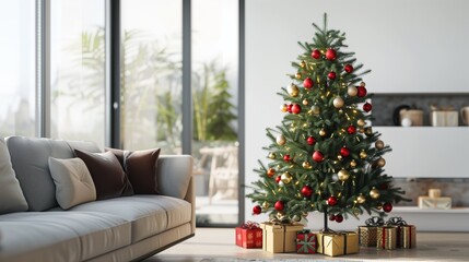 Beautifully decorated Christmas tree in a modern living room with gifts underneath, creating a cozy and festive holiday atmosphere.