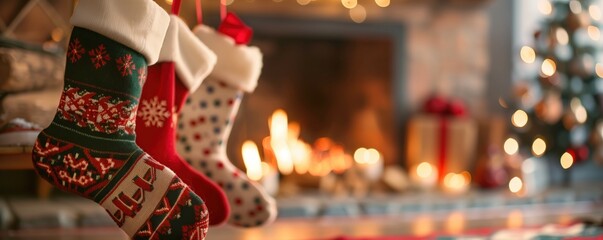 Christmas stockings hanging by a warm fireplace, decorated with festive ornaments and lights, creating a cozy holiday atmosphere.