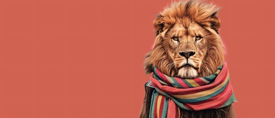 Majestic Lion with Playful Charm Wearing Striped Scarf and Balancing Card on Nose - Copy Space Concept