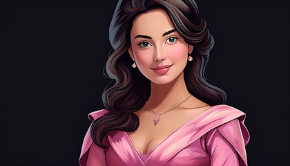 portrait of a brunette woman wearing a pink dress on black background, cartoon style