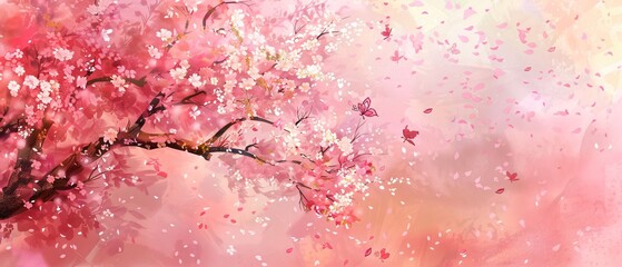 Ethereal Cherry Blossom Tree in Watercolor with Serene Background for Text Overlay