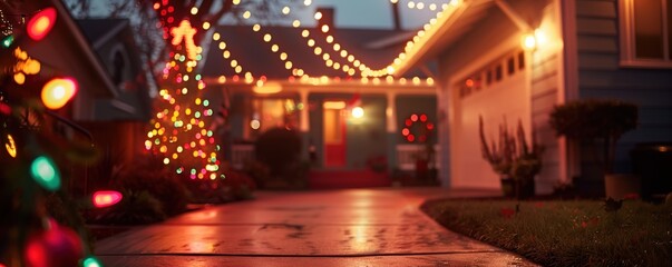 Festively decorated home entrance with Christmas lights, lit-up trees, blur background