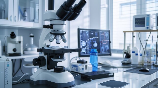 Fertility clinic lab equipment theme side view showing medical precision technology tone complementary color scheme