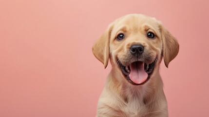 A playful Labrador puppy on a solid peach background with space above for text