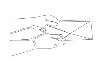 Continuous single line drawing hand gesture holding mail letter post card envelope one line message paper payment salary vector illustration