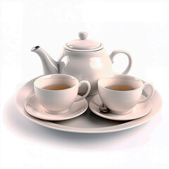 Elegant tea set on white background
Photo of teapot, cups and tray, ideal for design and advertising.


