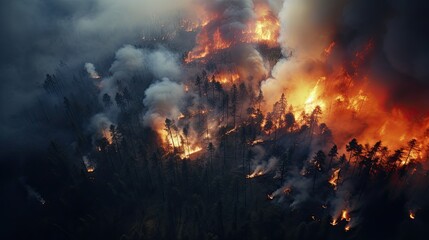 Aerial photography forest fire. Natural disaster.